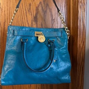 Michael Kors Teal Ostrich Leather Tote with Gold Hardware